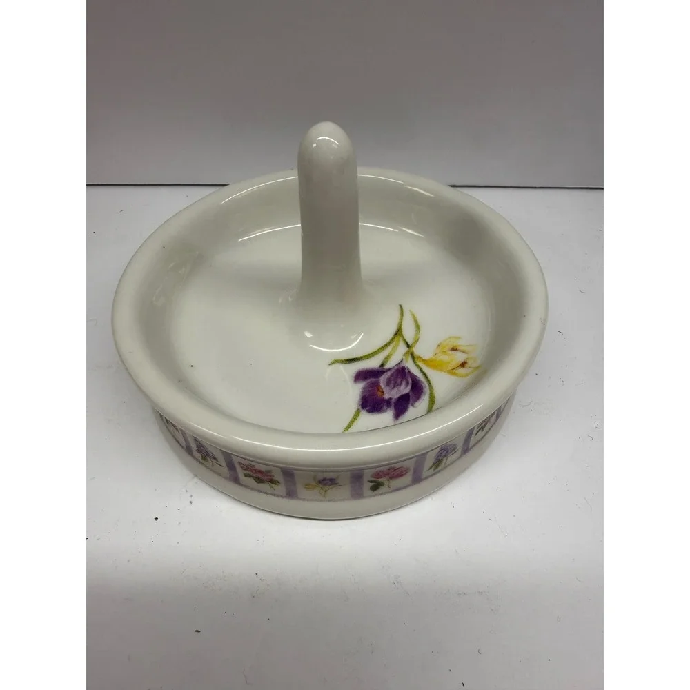 Bill Barnes Ceramic Floral Ring Holder Dish Purple Yellow Flowers Cottagecore